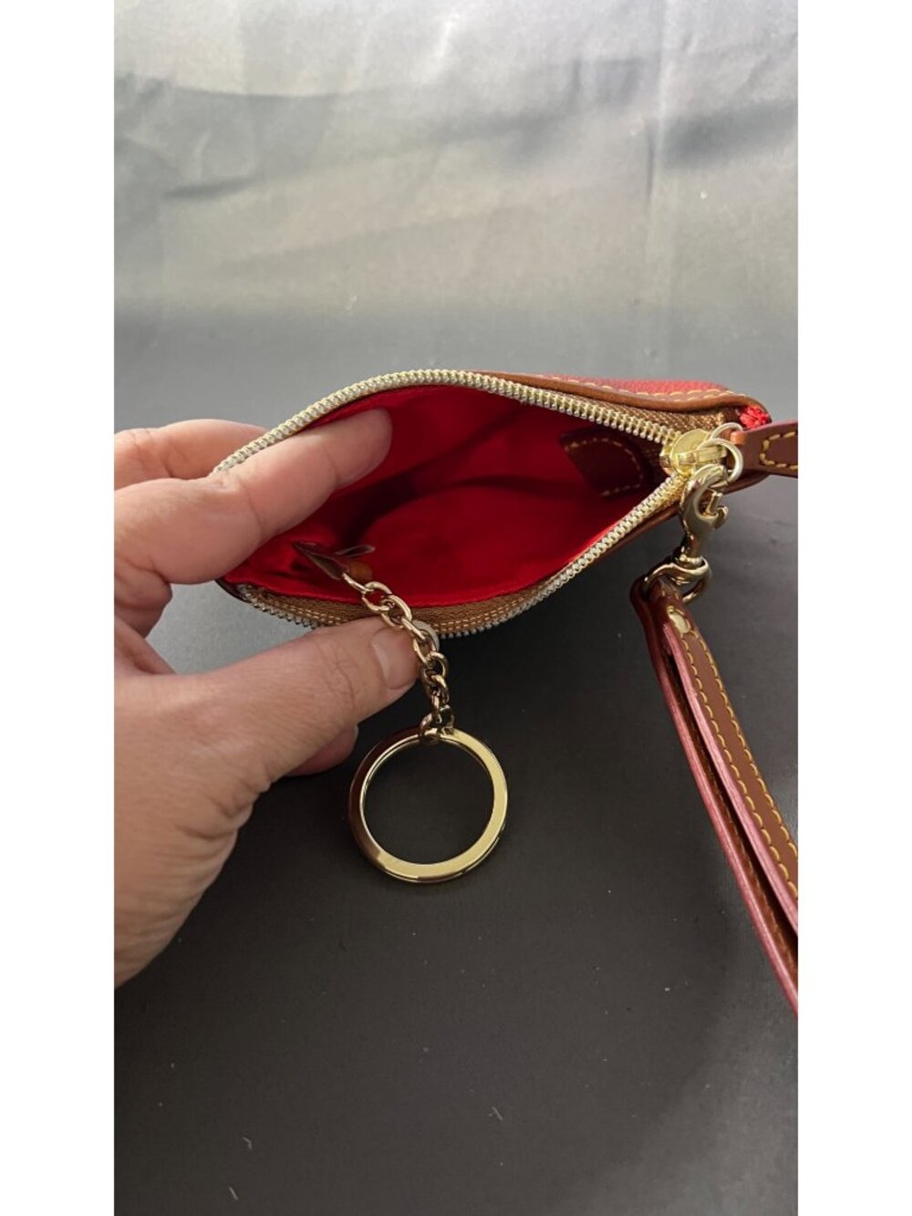 Dooney & Bourke Zippered Red Leather Wristlet With Keychain - Picture 3 of 5